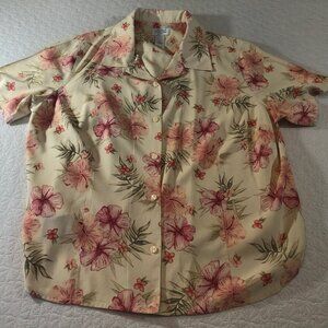 Liz Golf Yellow Red floral short sleeve collar blouse Women Size 2X